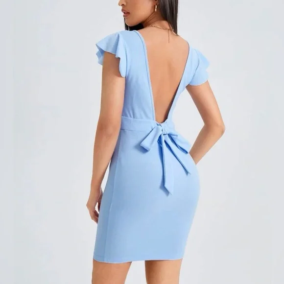 Shein Dresses | Baby Blue Belle Backless Knot Flutter Sleeve Square Neck Dress | Color: Blue | Size: Xs | Pm-73522644's Closet